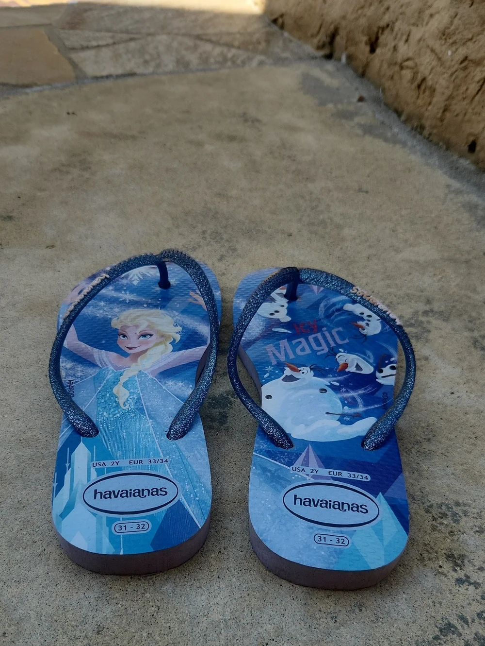 Havaianas Disney Frozen Elsa Olaf Flip Flops Glitter Blue Size 2Y/3Y Kids 31/32